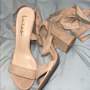 Lulu's Taupe Suede Wrap Heels